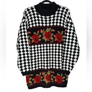 VTG Trimmings Sweater Medium Black White Checkered Harlequin Rose Floral